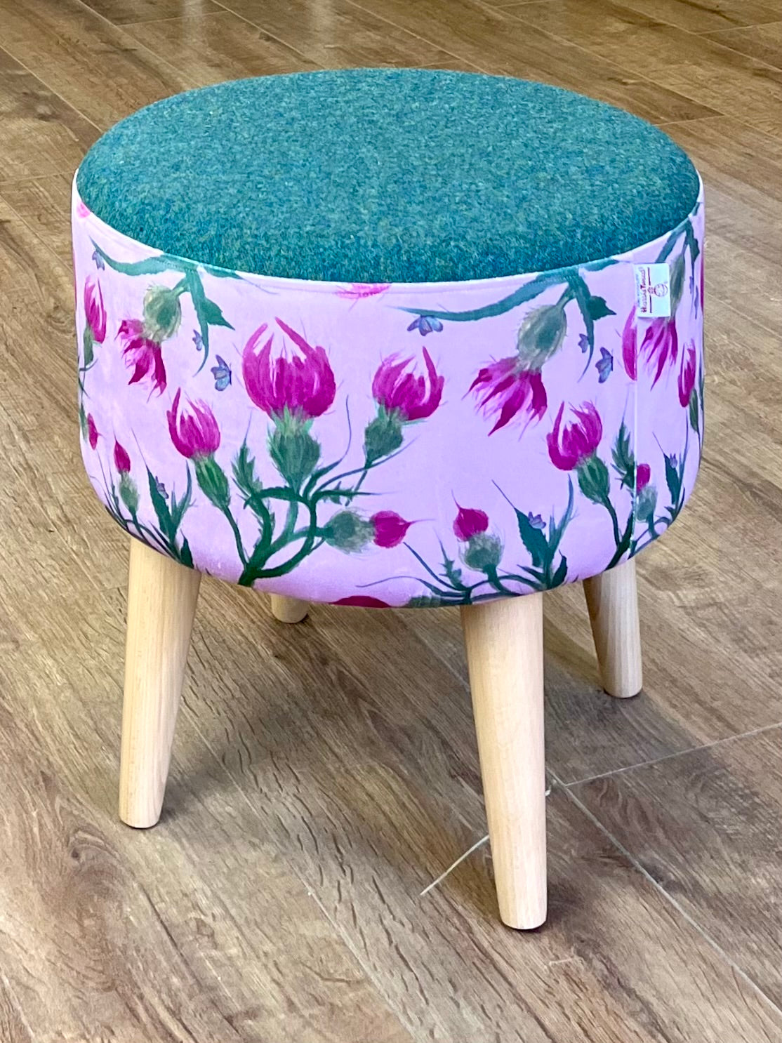 Butterfly Thistles on Pink Velvet Footstool with Green Harris Tweed