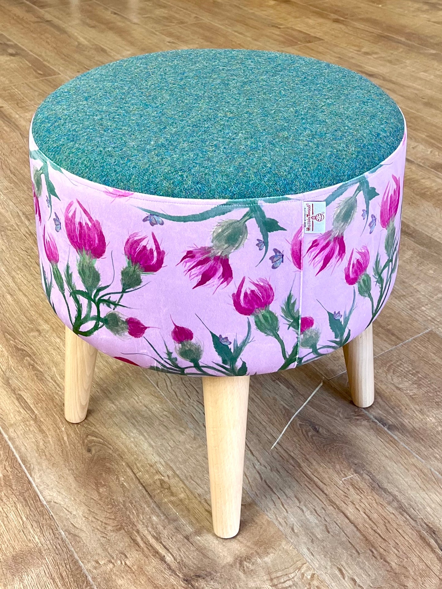 Butterfly Thistles on Pink Velvet Footstool with Green Harris Tweed