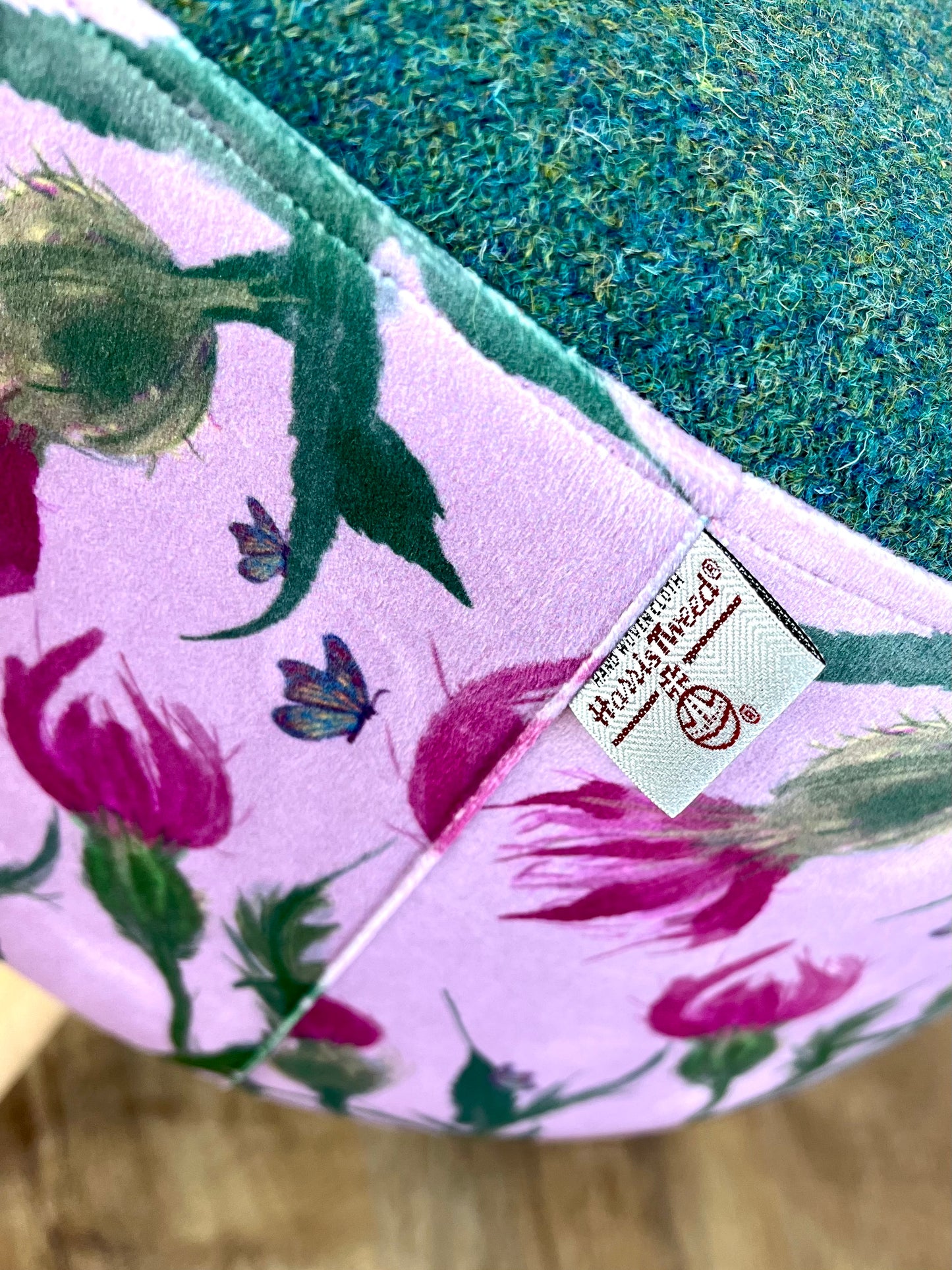 Butterfly Thistles on Pink Velvet Footstool with Green Harris Tweed