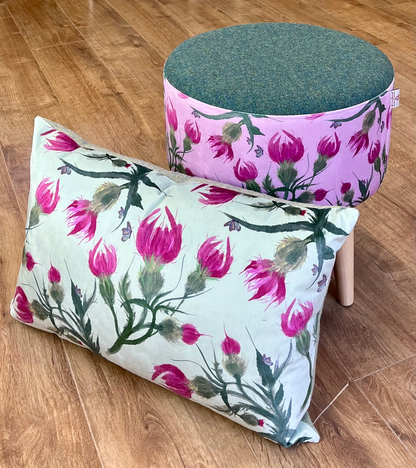 Butterfly Thistles on Pink Velvet Footstool with Green Harris Tweed
