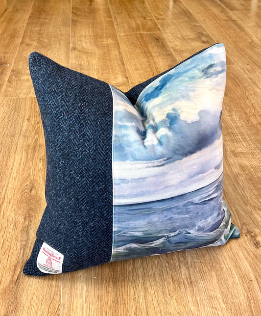 Sheigra Sea Velvet and Blue Harris Tweed Cushion 16”