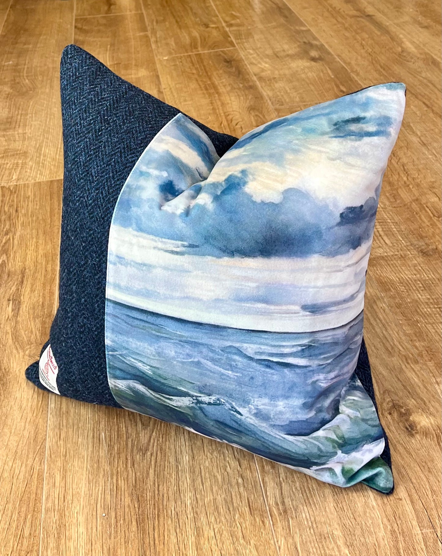 Sheigra Sea Velvet and Blue Harris Tweed Cushion 16”