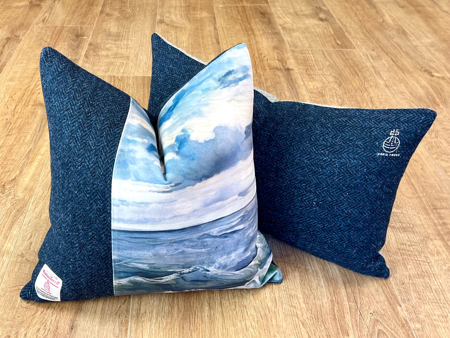 Special Edition Two Tone Navy & Grey Harris Tweed Oblong Cushion with Orb