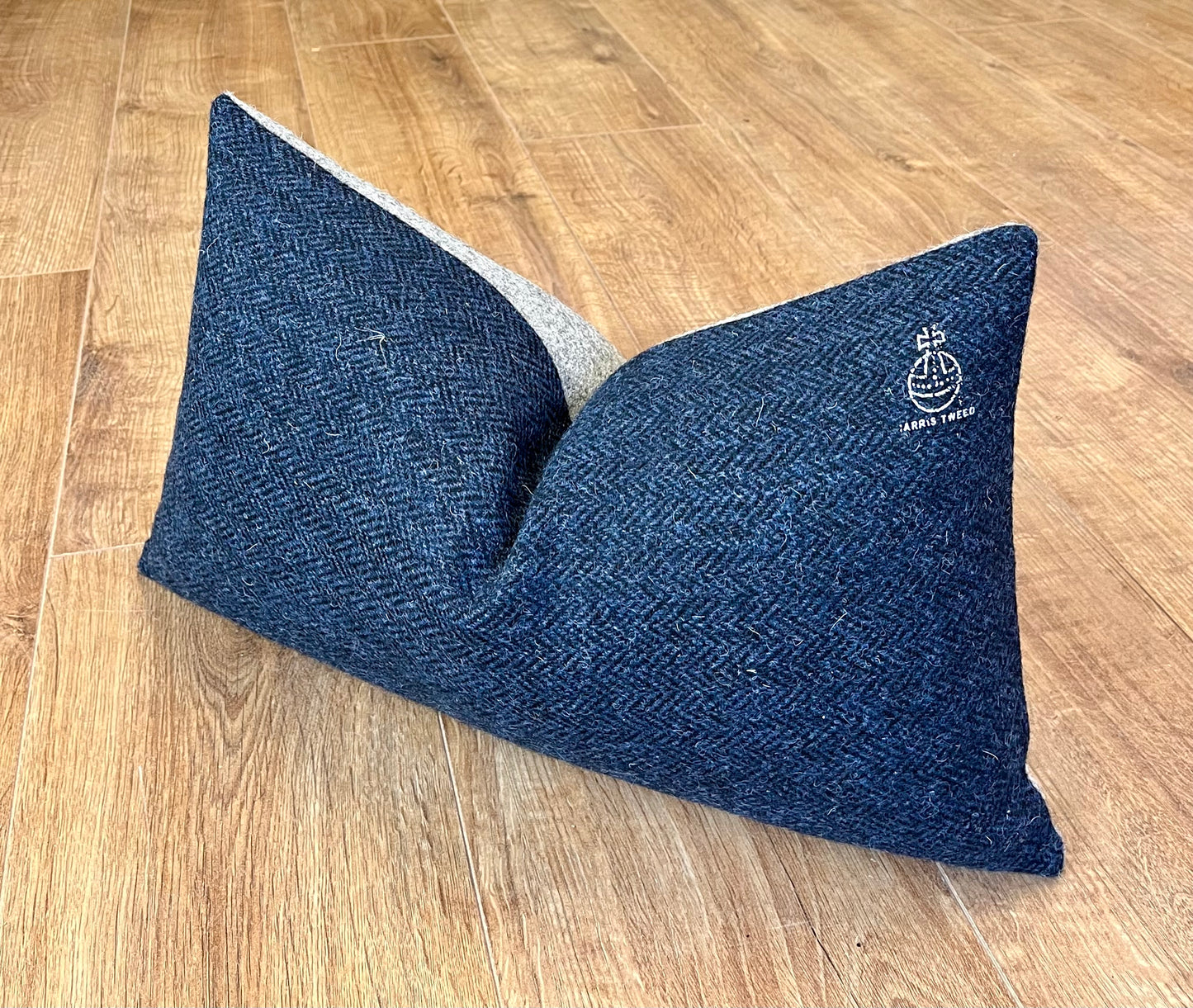 Special Edition Two Tone Navy & Grey Harris Tweed Oblong Cushion with Orb