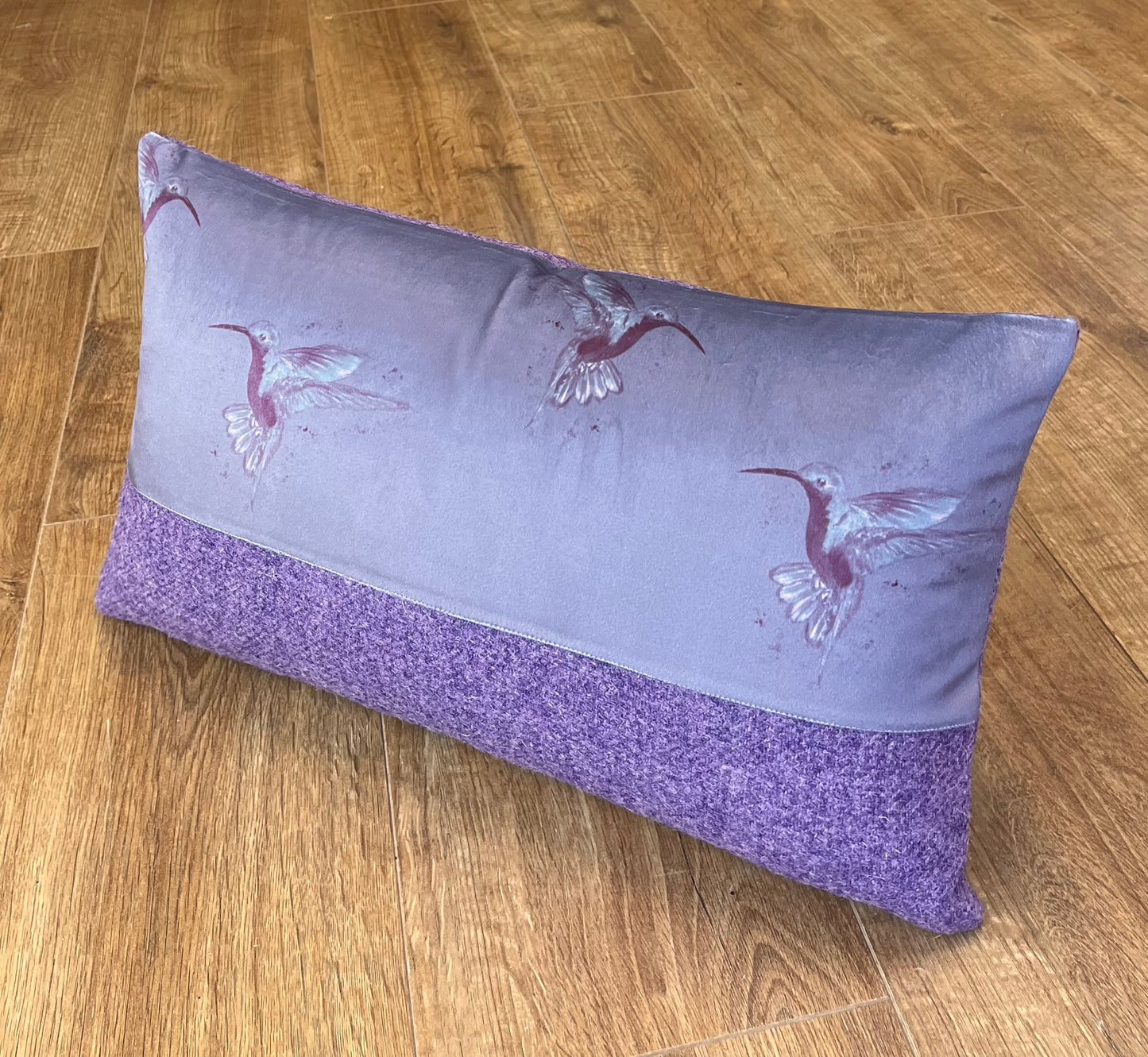 Deep Purple Hummingbird Velvet and Lilac Harris Tweed Oblong Cushion