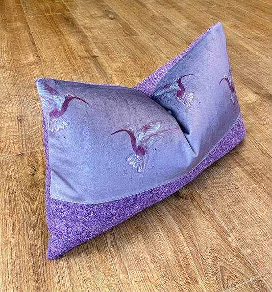 Deep Purple Hummingbird Velvet and Lilac Harris Tweed Oblong Cushion