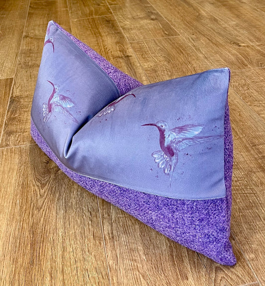 Deep Purple Hummingbird Velvet and Lilac Harris Tweed Oblong Cushion