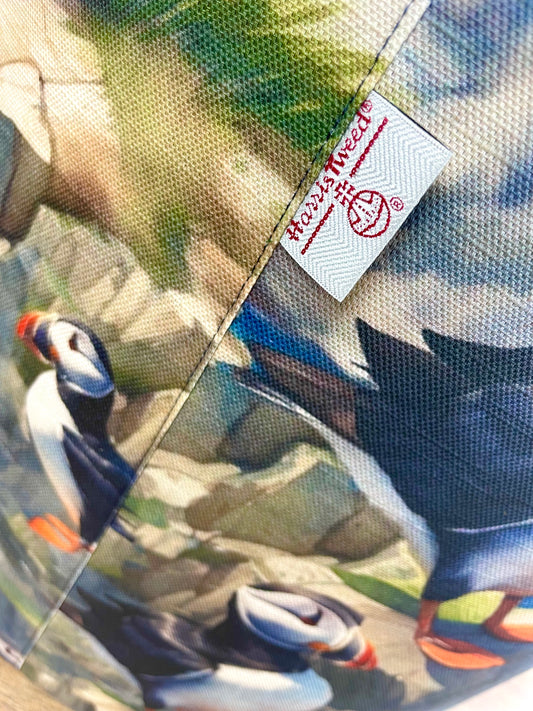 Puffin and Navy Blue Harris Tweed Floating Footstool