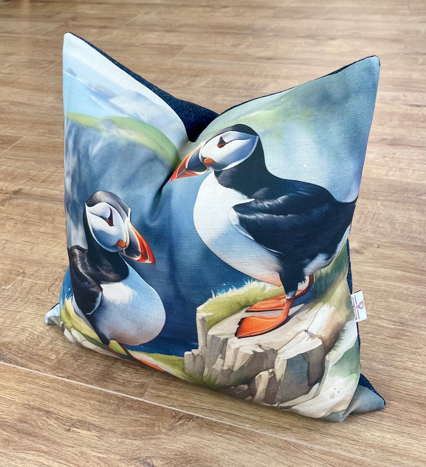 Puffin Linen and Navy Harris Tweed Cushion 18”