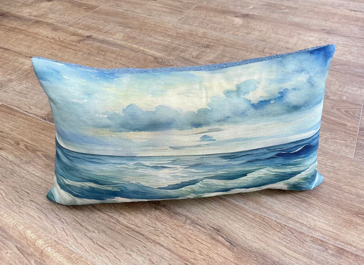 Stormy Sea Linen and Light Blue Harris Tweed Oblong Cushion