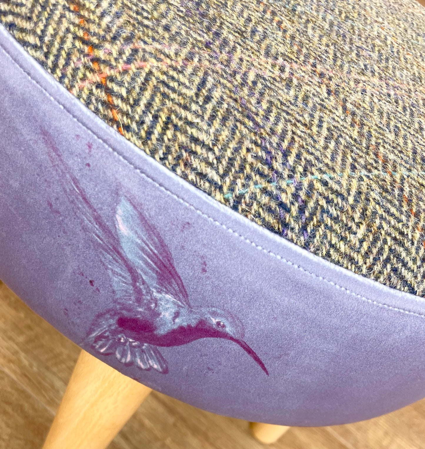 Purple Hummingbirds Velvet and Harris Tweed Small Footstool