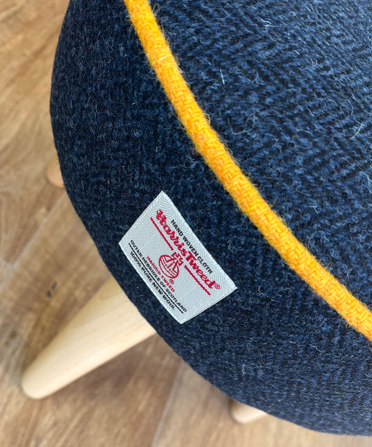 Navy Harris Tweed Footstool with Yellow Piping and Varnished Wooden Legs