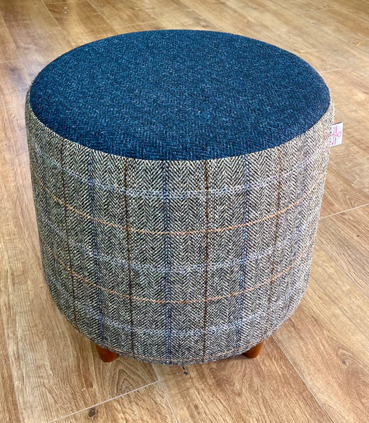 Overcheck and Navy Herringbone Harris Tweed Chunky Footstool