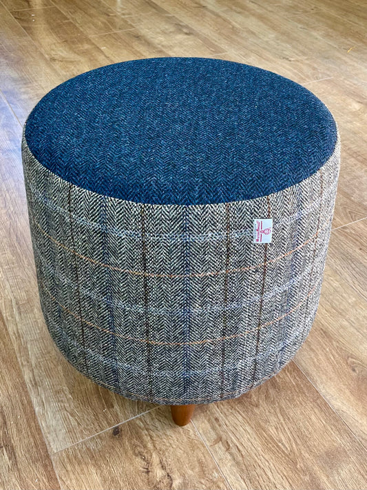 Overcheck and Navy Herringbone Harris Tweed Chunky Footstool