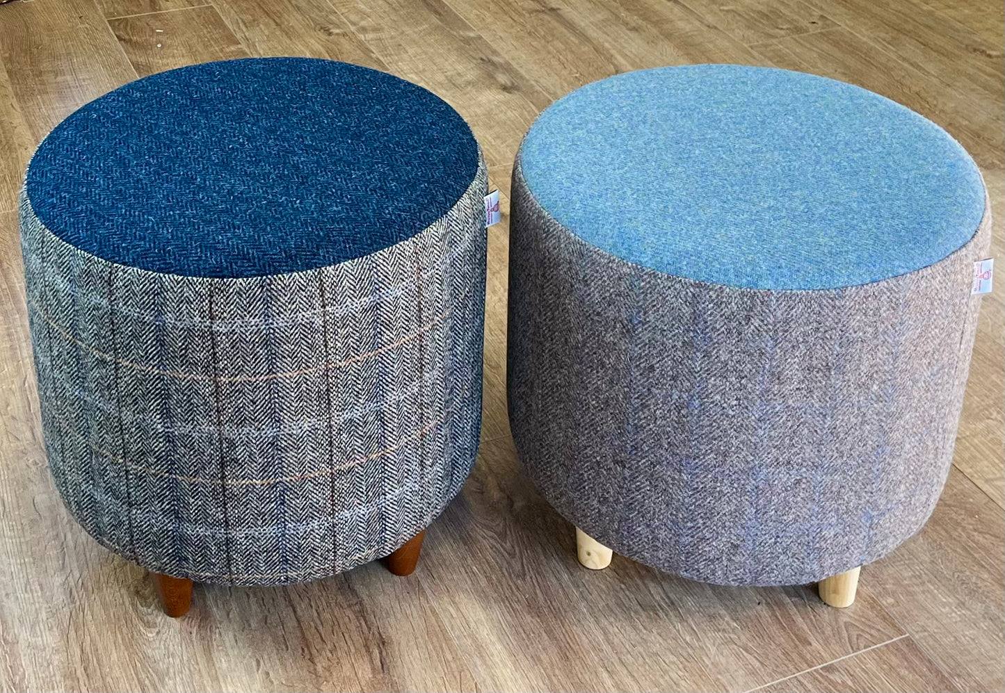 Blue Tartan and Herringbone Harris Tweed Floating Footstool