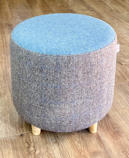 Taupe & Light Blue Harris Tweed Chunky Footstool