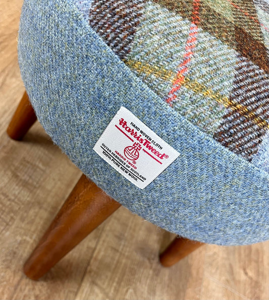 MacLeod Tartan and Light Blue Harris Tweed Footstool with Varnished Dark Wooden Legs