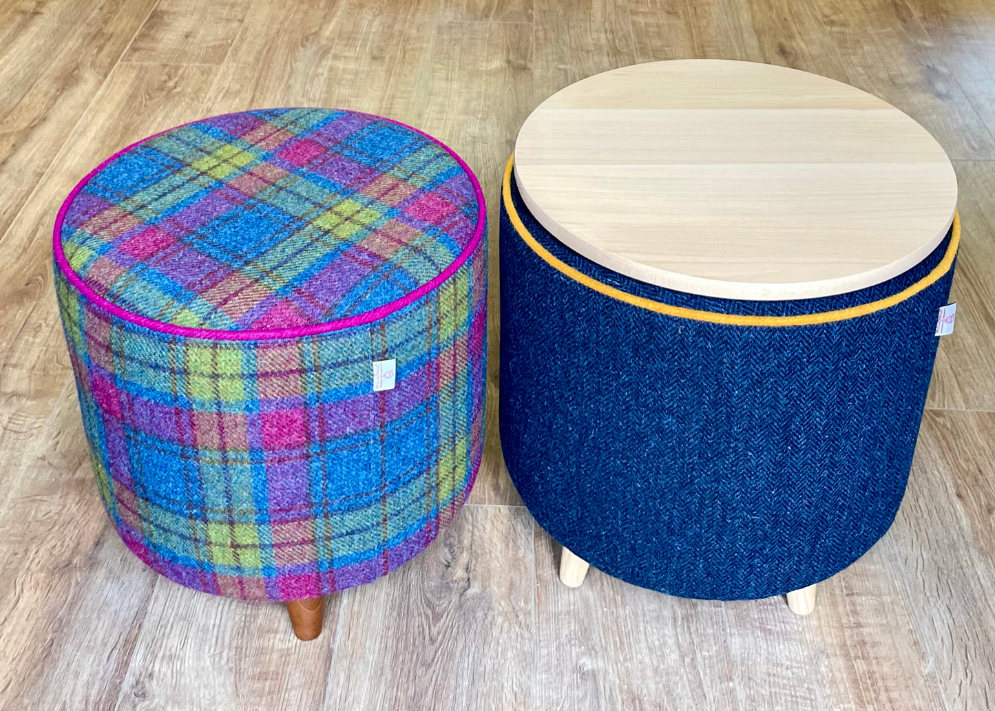 Colourful Tartan Harris Tweed Chunky End Table with Fuchsia Piping and Removable Wooden Top