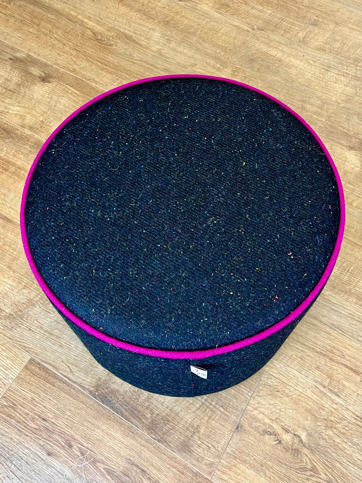 Black Speckled Harris Tweed Chunky Floating Footstool with Bright Pink Piping
