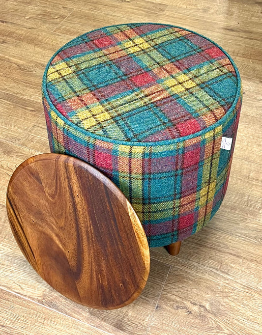 Tartan Harris Tweed Chunky Table Footstool with Green Piping and Removable Wooden Top