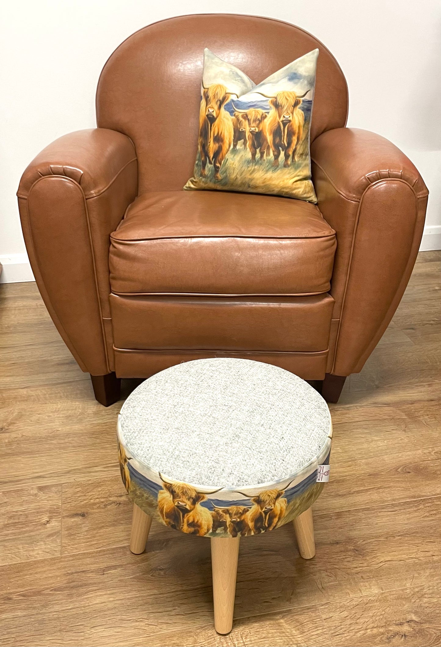 Highland Cows by the Sea Linen and Grey Harris Tweed Cushion 16"