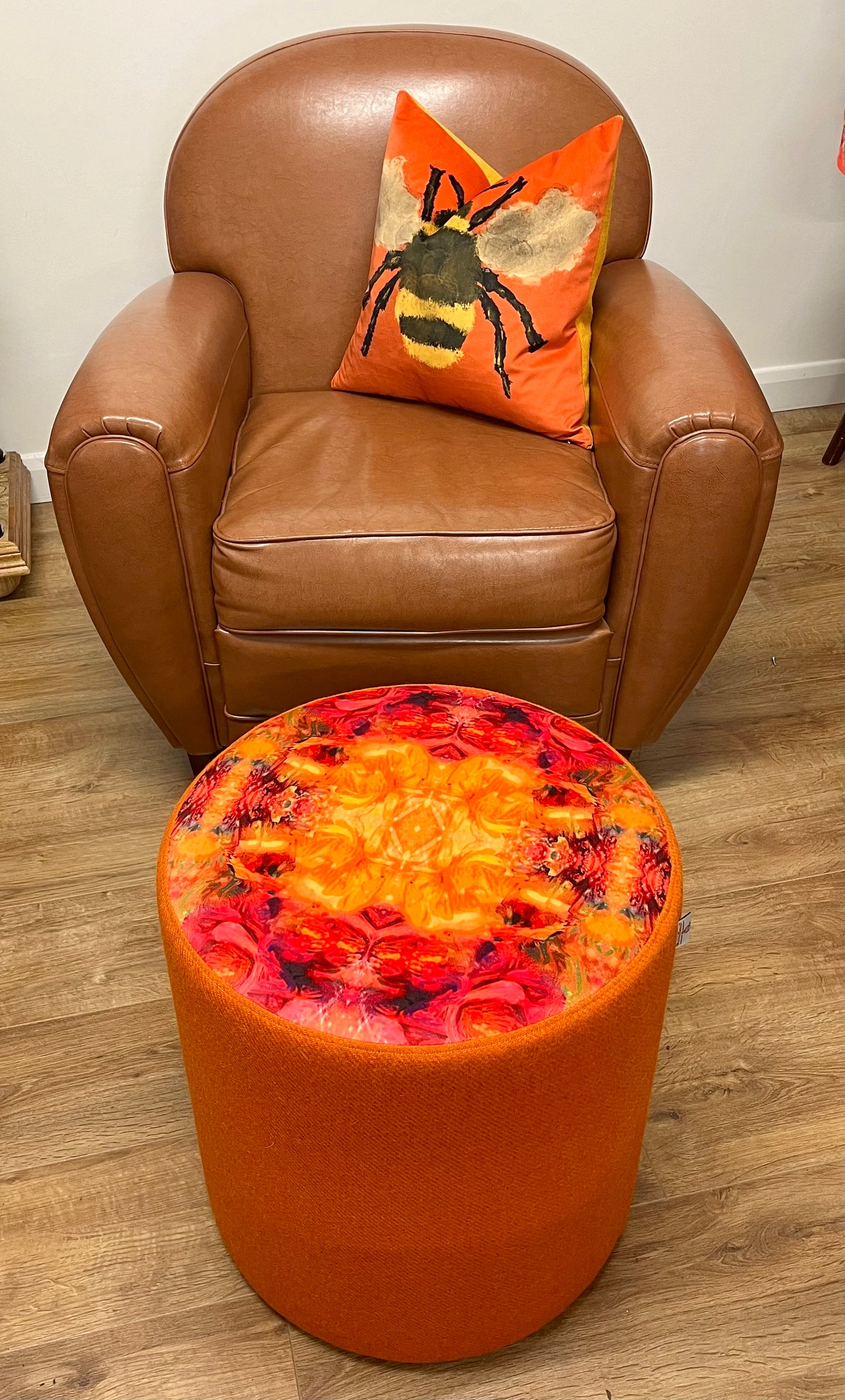 Fire Velvet and Orange Harris Tweed Chunky Stool / Footstool