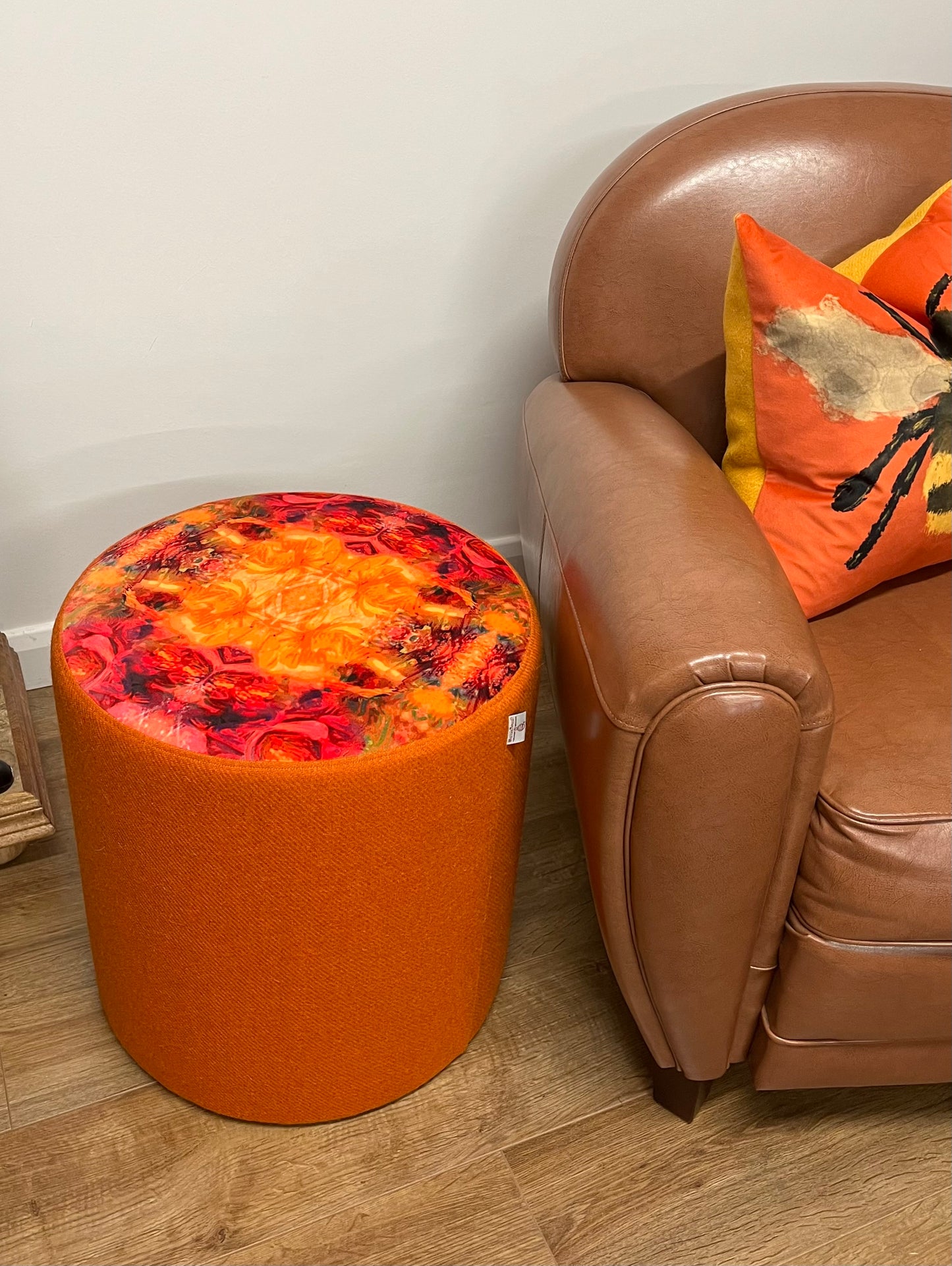 Fire Velvet and Orange Harris Tweed Chunky Stool / Footstool