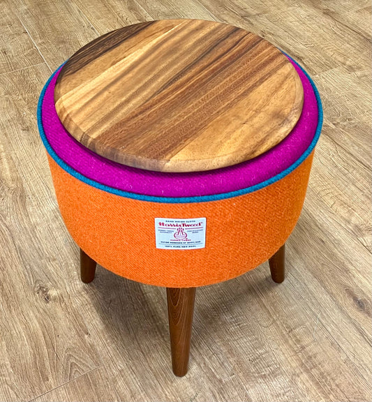 Rainbow End Table, Orange and Fuchsia Harris Tweed with Teal Piping and Removable Wooden Top
