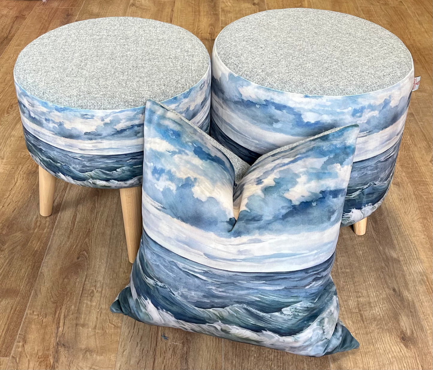 Sheigra Sea Velvet Chunky Footstool with Grey Harris Tweed