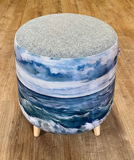 Sheigra Sea Velvet Chunky Footstool with Grey Harris Tweed