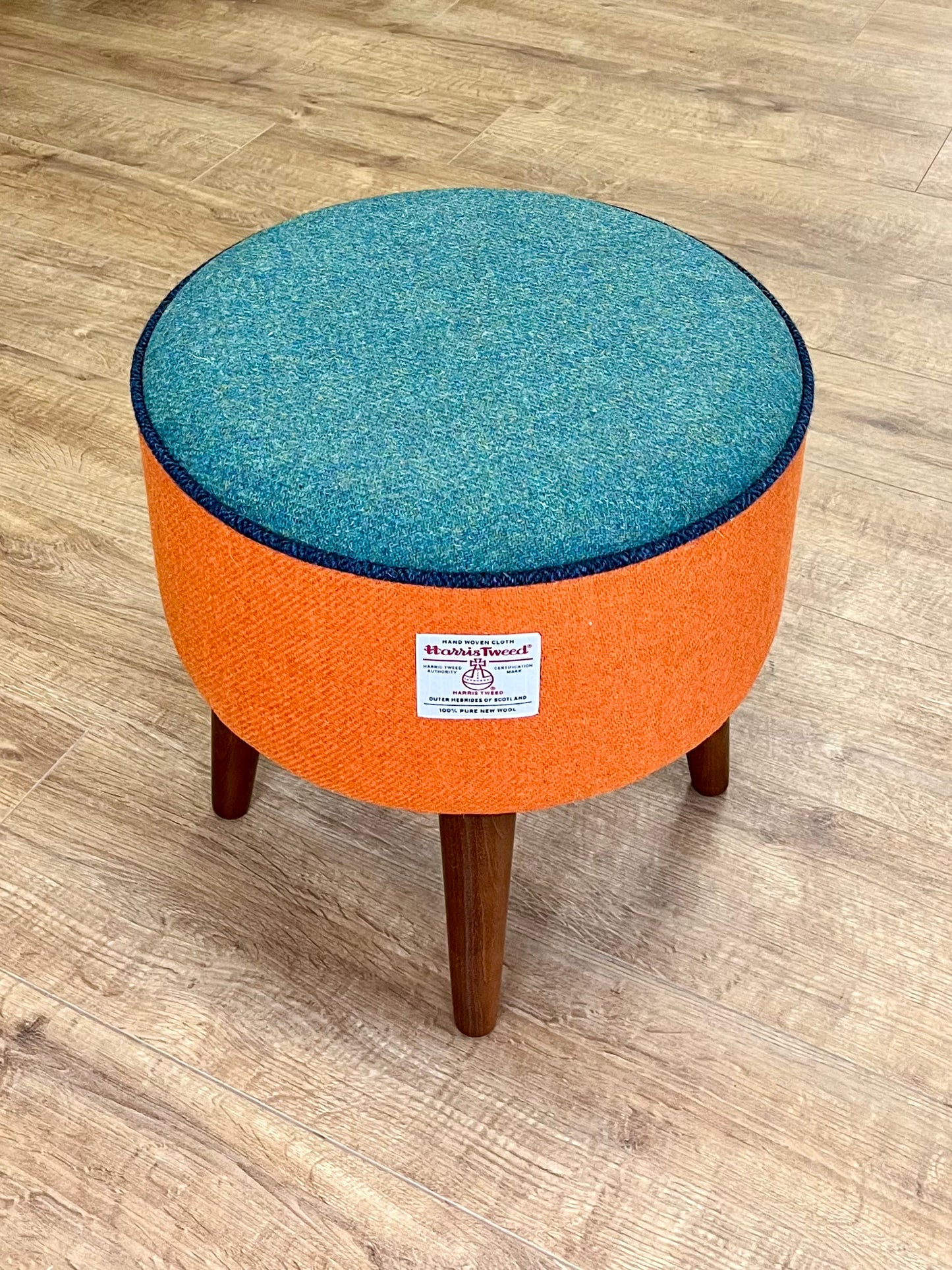 Orange and Green Harris Tweed Footstool with Navy Piping and Dark Varnished Wooden Legs