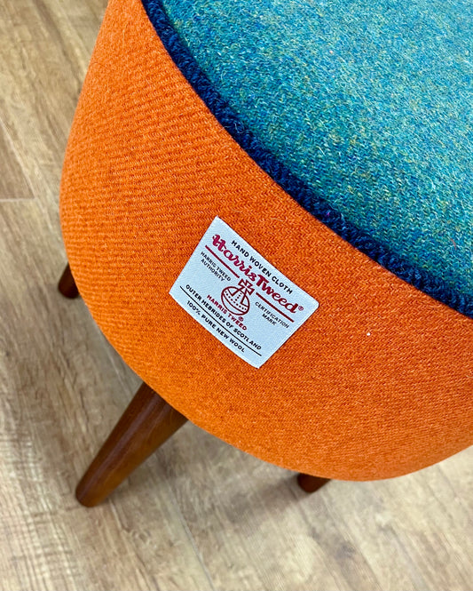 Orange and Green Harris Tweed Footstool with Navy Piping and Dark Varnished Wooden Legs