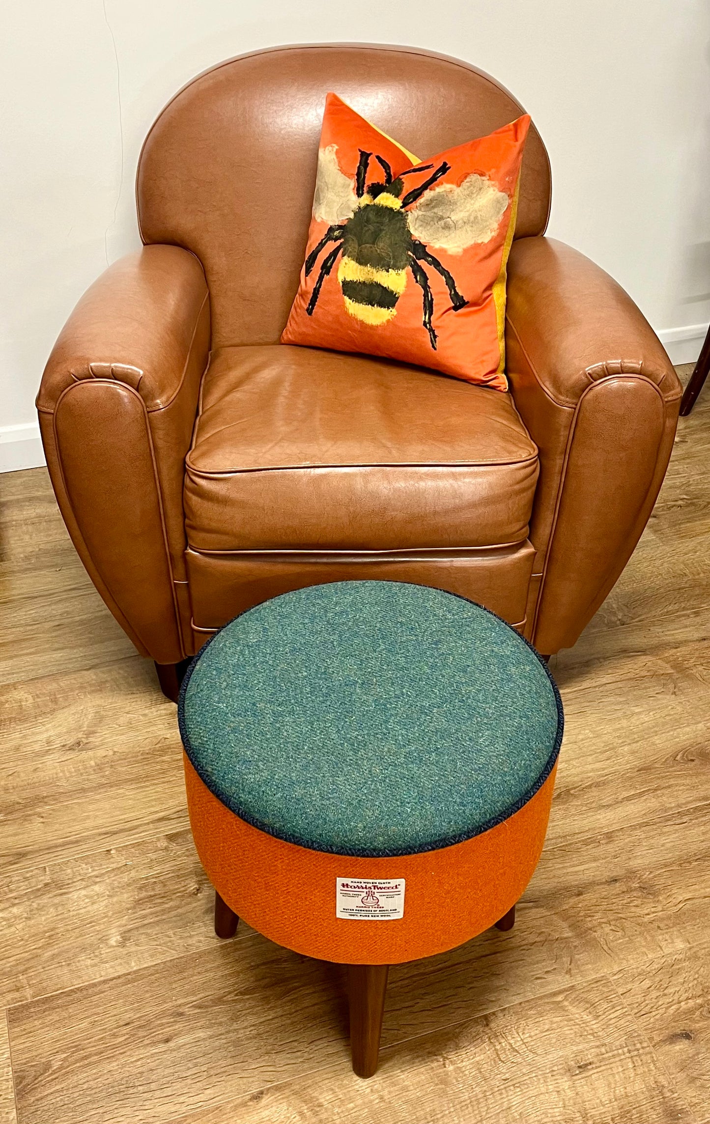 Orange and Green Harris Tweed Footstool with Navy Piping and Dark Varnished Wooden Legs