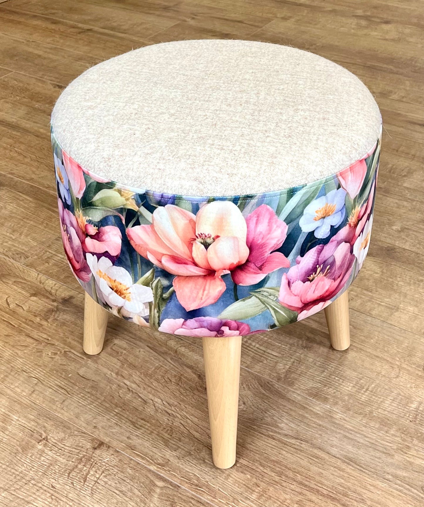 Flower Garden Velvet and Oatmeal Harris Tweed Footstool