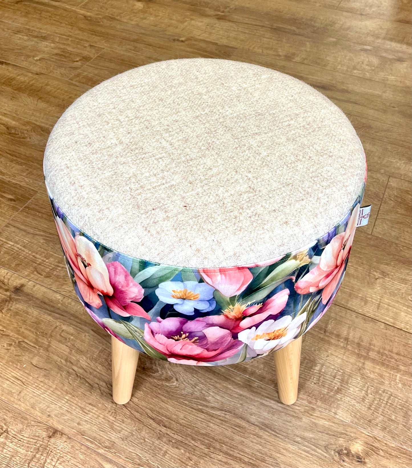 Flower Garden Velvet and Oatmeal Harris Tweed Footstool