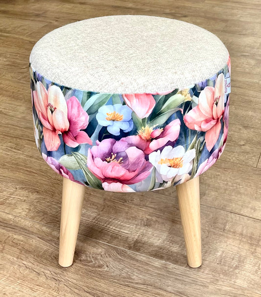 Flower Garden Velvet and Oatmeal Harris Tweed Footstool