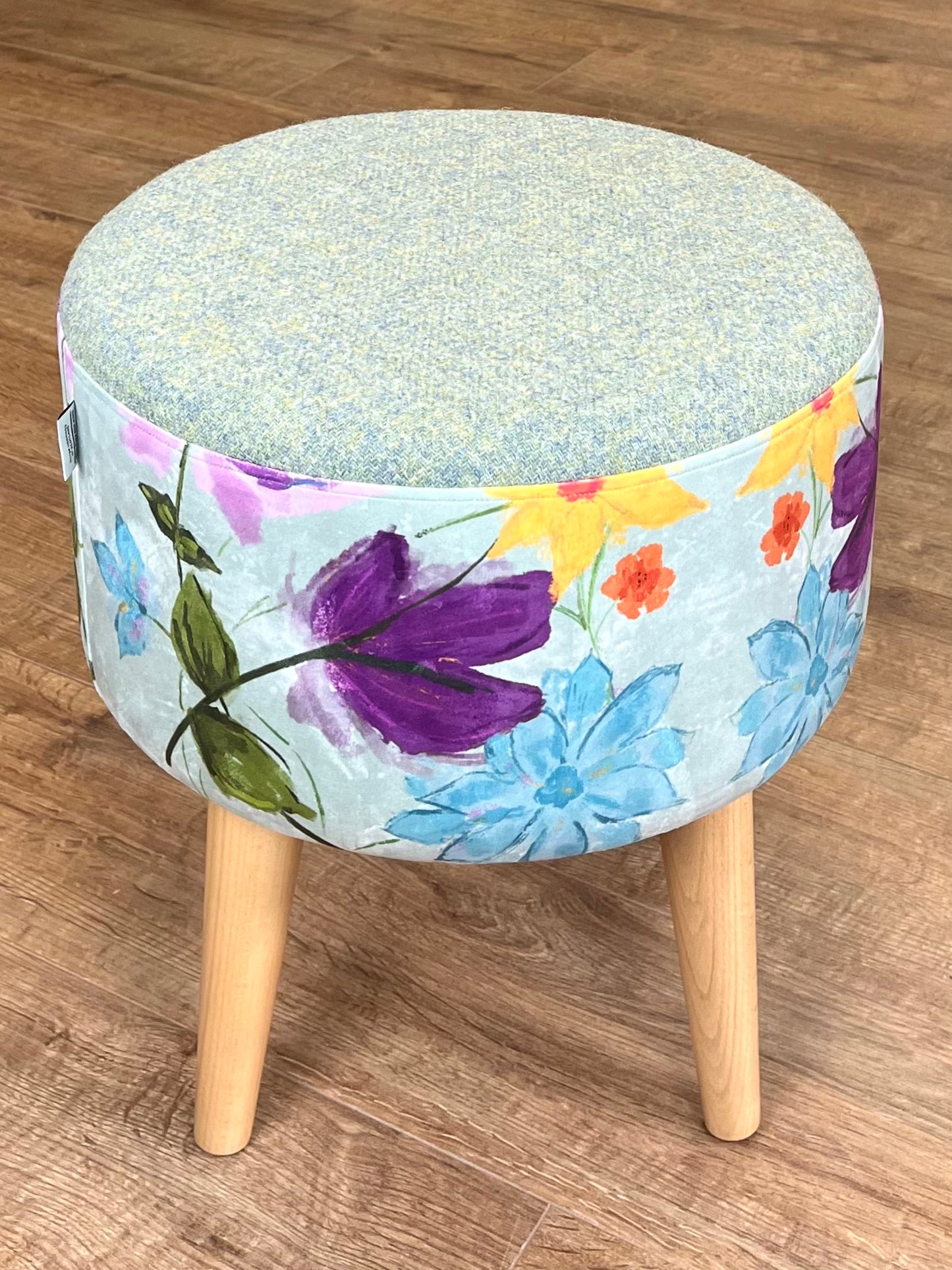 Spring Time Velvet and Light Green Harris Tweed Footstool