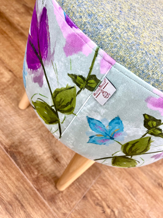 Spring Time Velvet and Light Green Harris Tweed Footstool