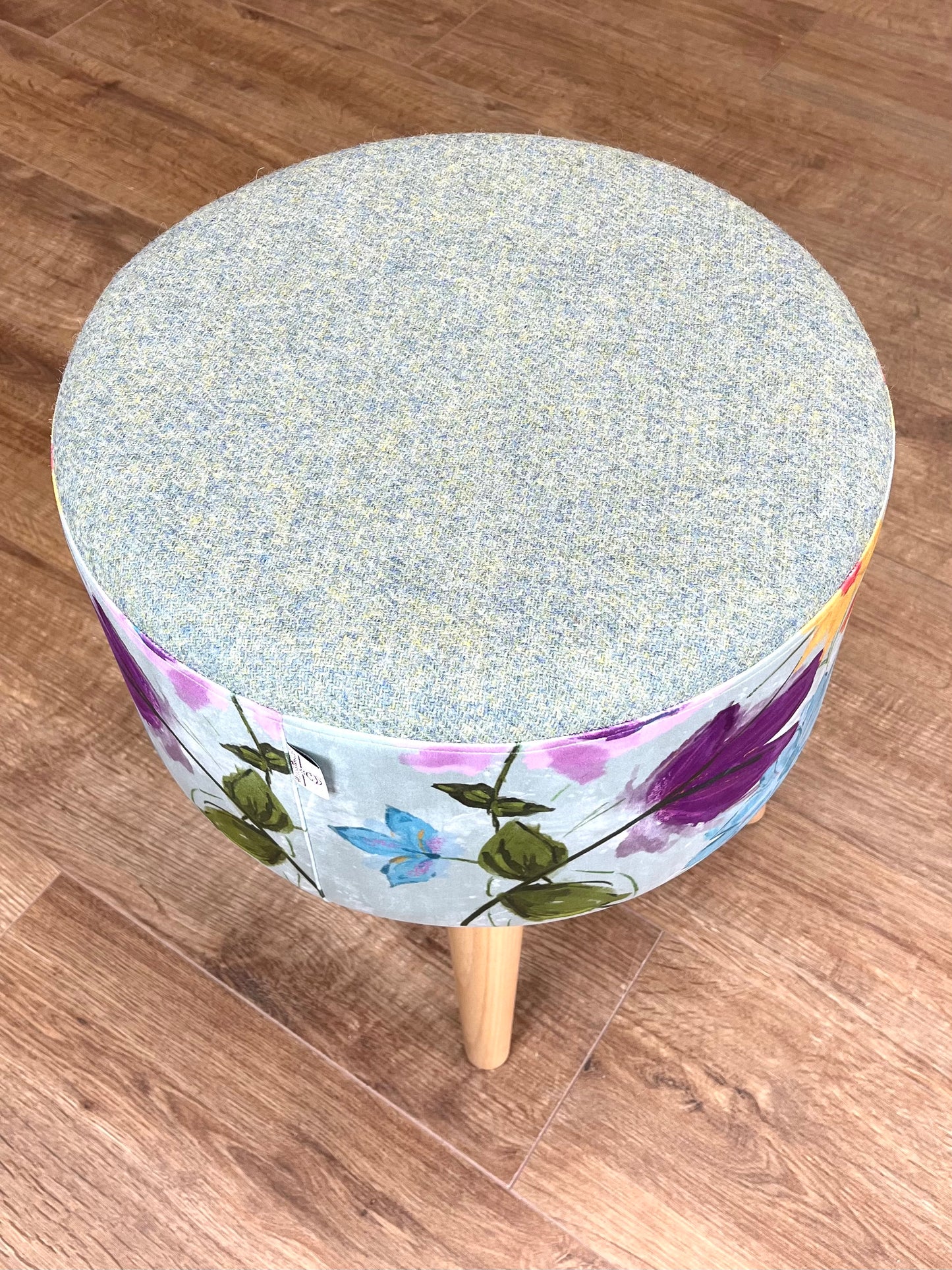 Spring Time Velvet and Light Green Harris Tweed Footstool