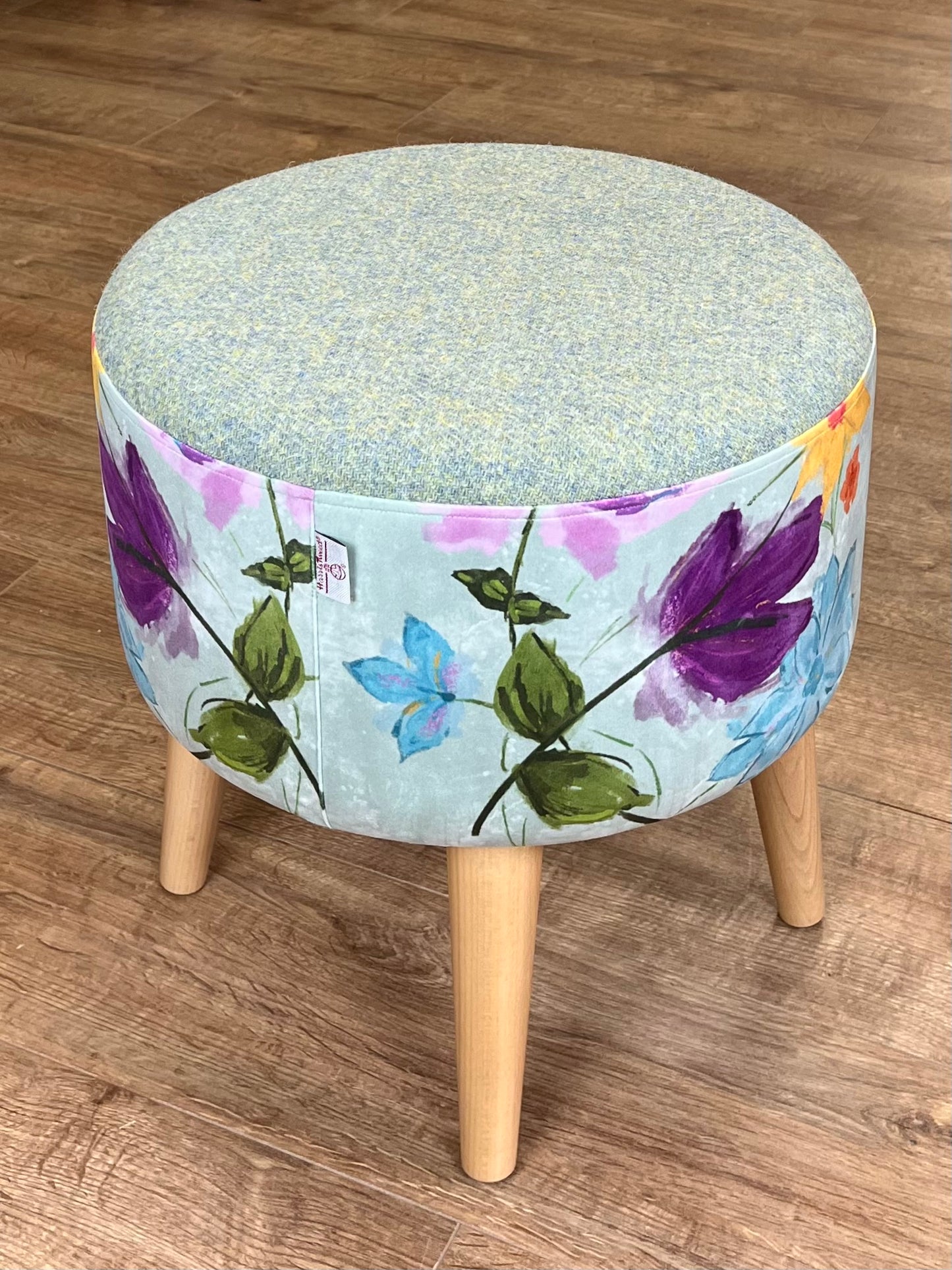 Spring Time Velvet and Light Green Harris Tweed Footstool