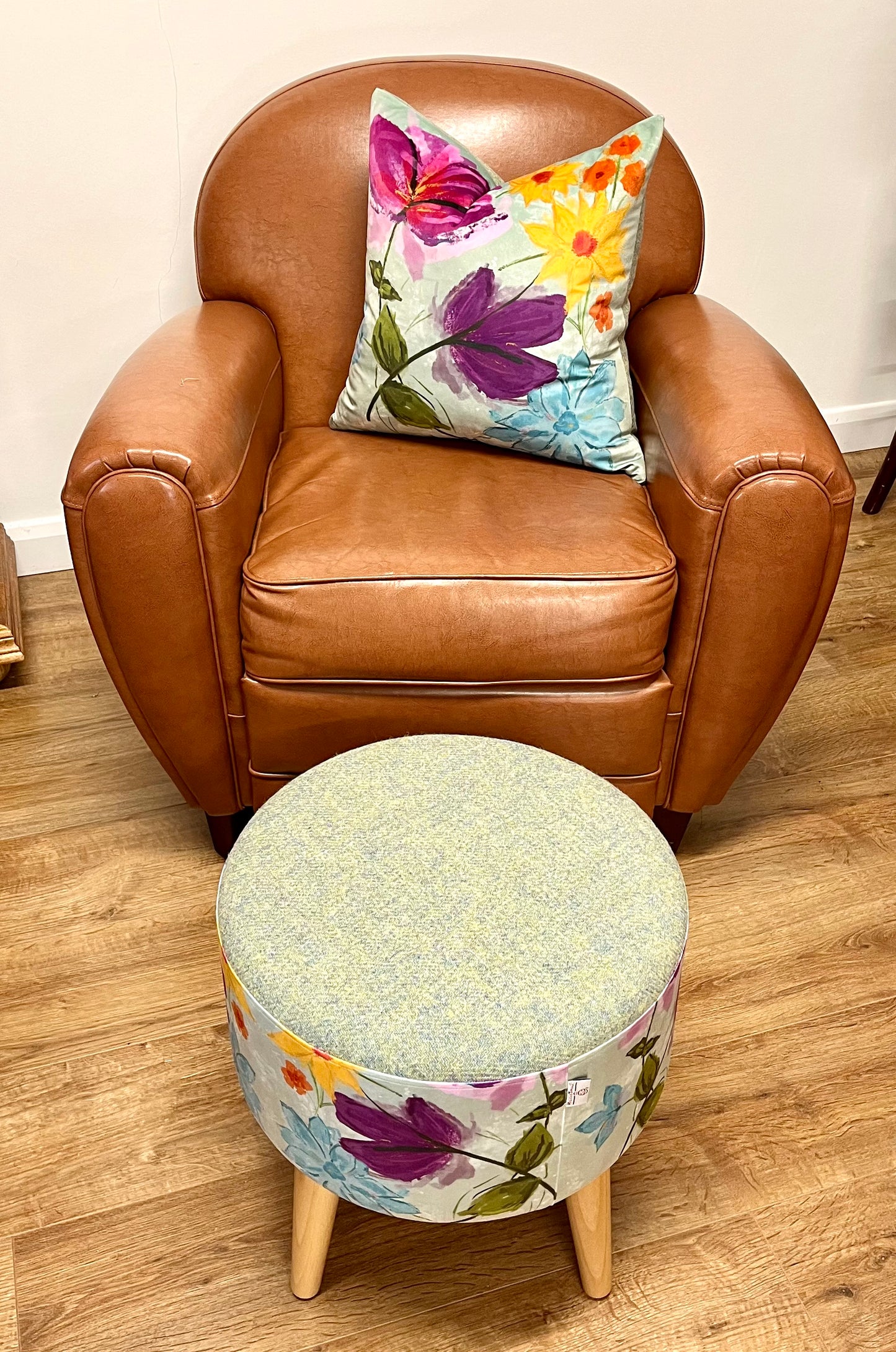 Spring Time Velvet and Light Green Harris Tweed Footstool