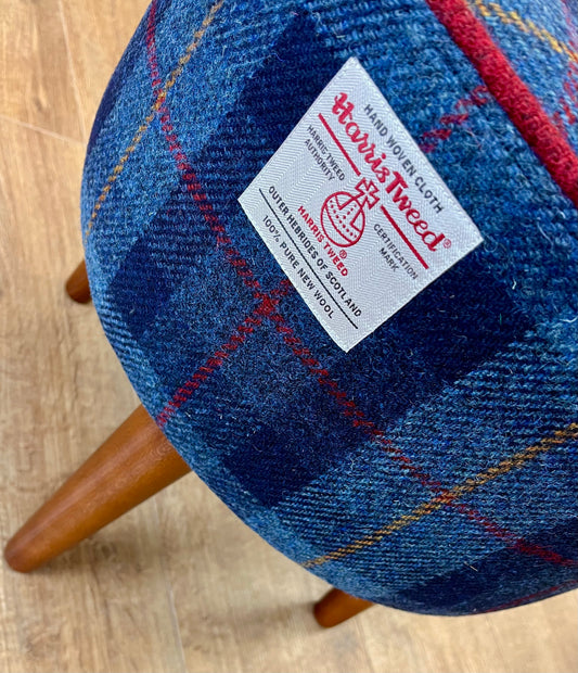 Blue Tartan and Red Piped Harris Tweed Footstool with Dark Varnished Wooden Legs