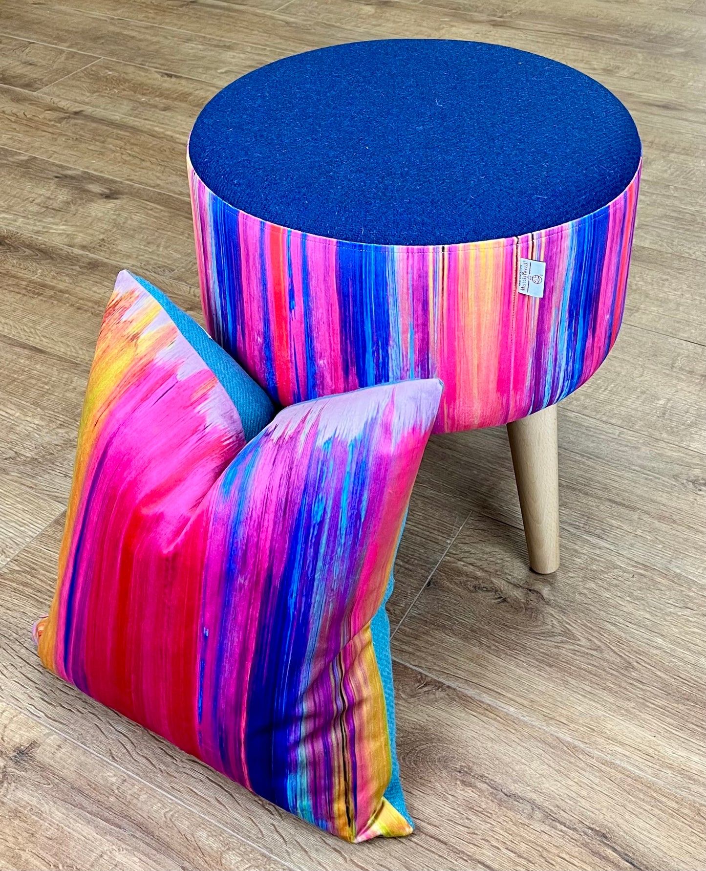 Paint Strokes Velvet and Royal Blue Harris Tweed Footstool