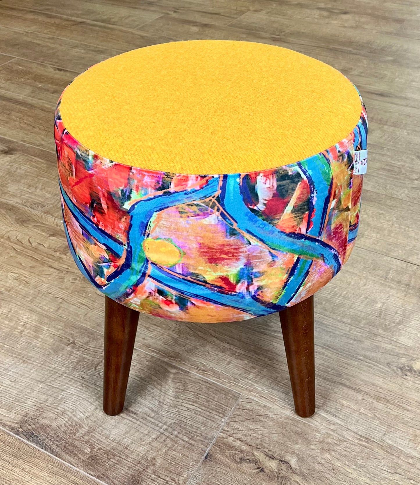 Blue River Velvet and Yellow Harris Tweed Footstool