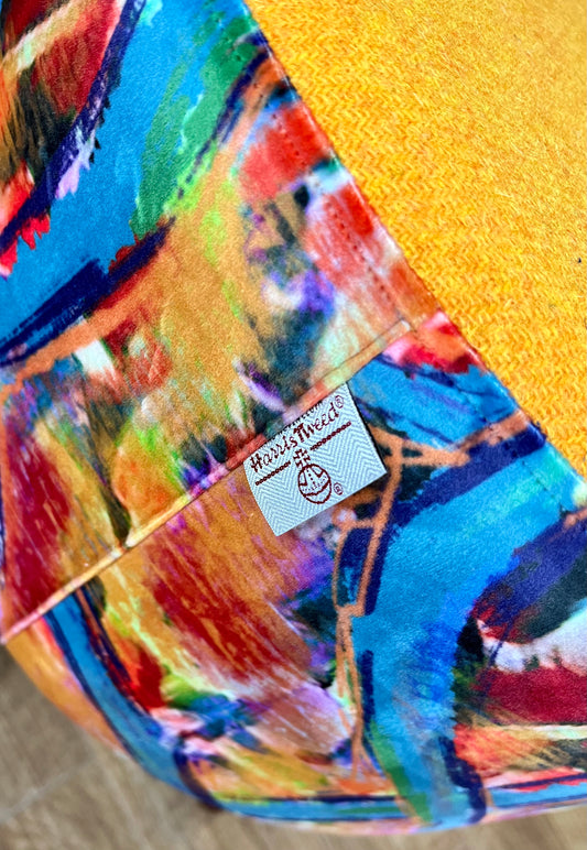 Blue River Velvet and Yellow Harris Tweed Footstool