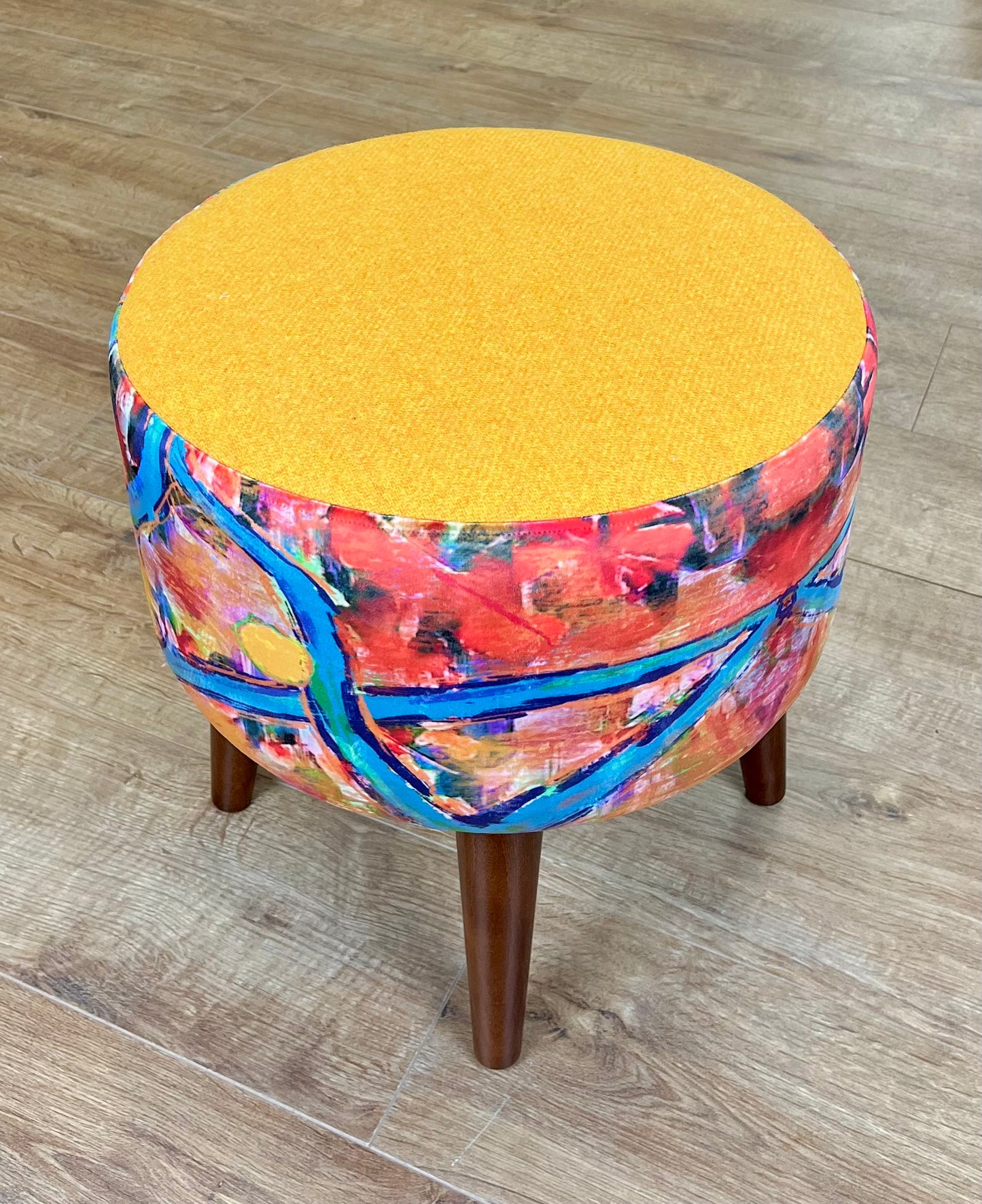 Blue River Velvet and Yellow Harris Tweed Footstool