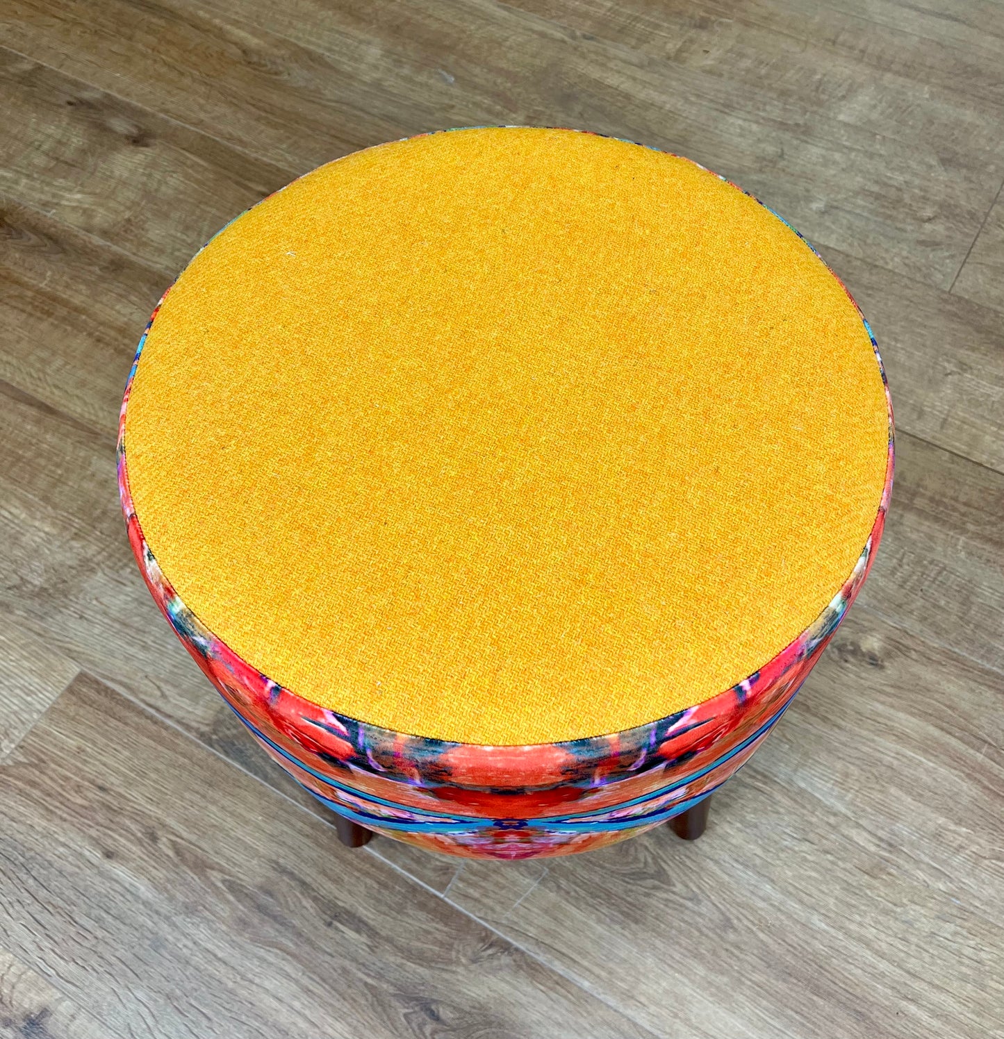 Blue River Velvet and Yellow Harris Tweed Footstool