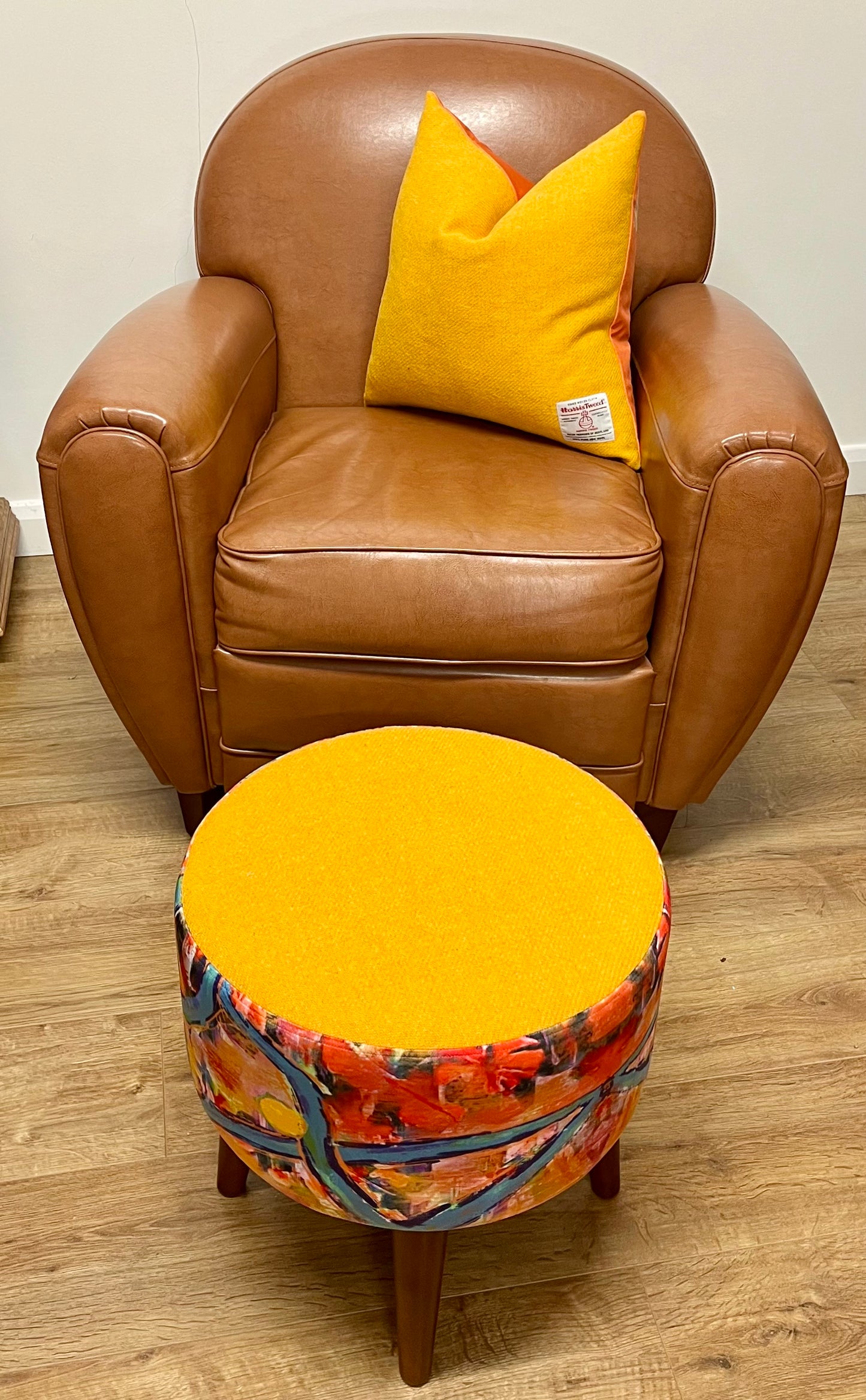 Blue River Velvet and Yellow Harris Tweed Footstool