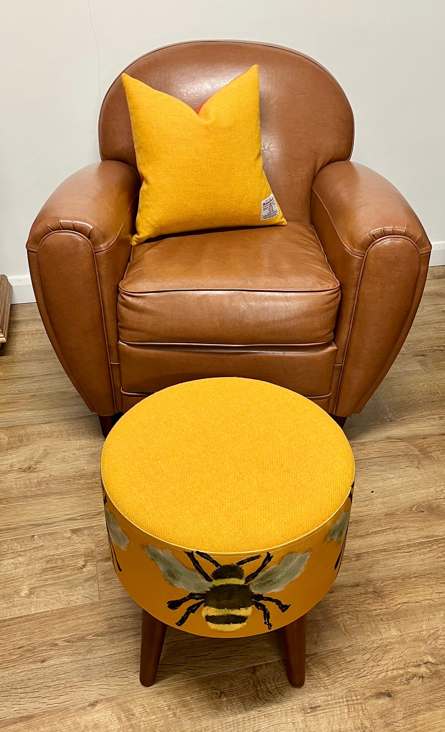 Bumble Bee Velvet and Yellow Harris Tweed Footstool