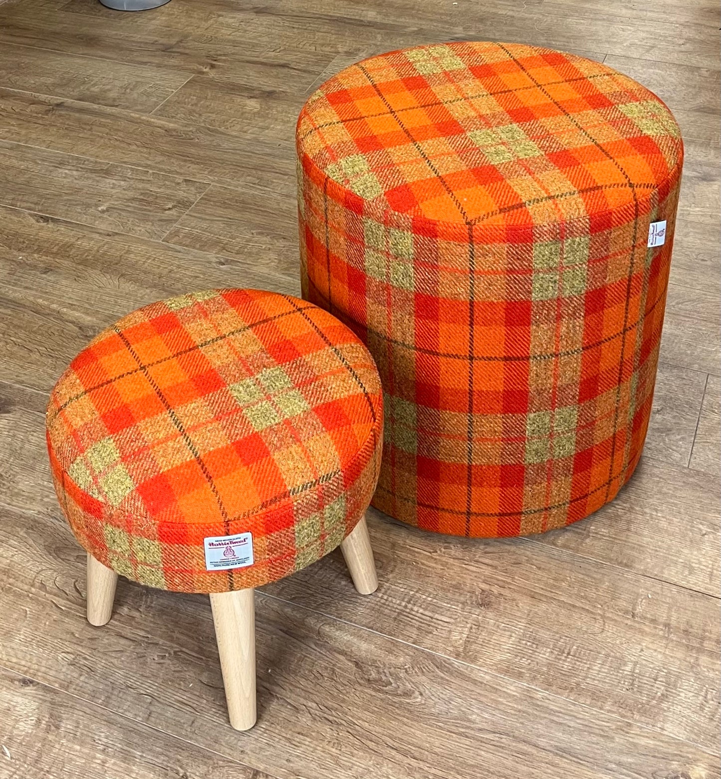 Orange Tartan Harris Tweed Large Chunky Stool / Footstool